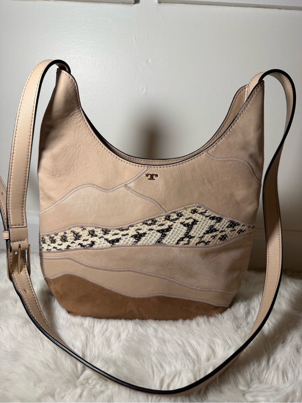 Tory Burch Beige Leather Shoulder Bag with Snake-Print Accent